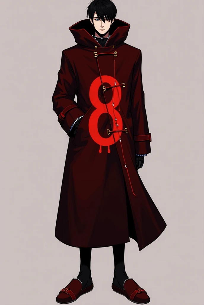  wears a long dark red coat with a giant number eight on the in front. His red also being shown on his slippers with the red lines now taking over his dark parts of his outfit. He wears dark black socks and has tags on his arms.