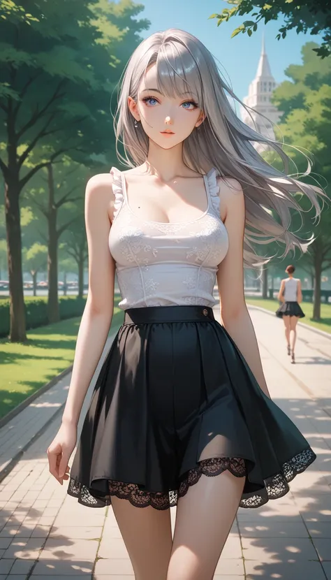 best quality, absurdres, わきDownを見せない, Down,  no background,  becomes transparent when you stare at it {x}, PE, front view, cowboy shot,  perfect beautiful face, Beautiful breasts,  thin legs, slim, beauty mark, silver long hair,  tank top, (frilled black s...