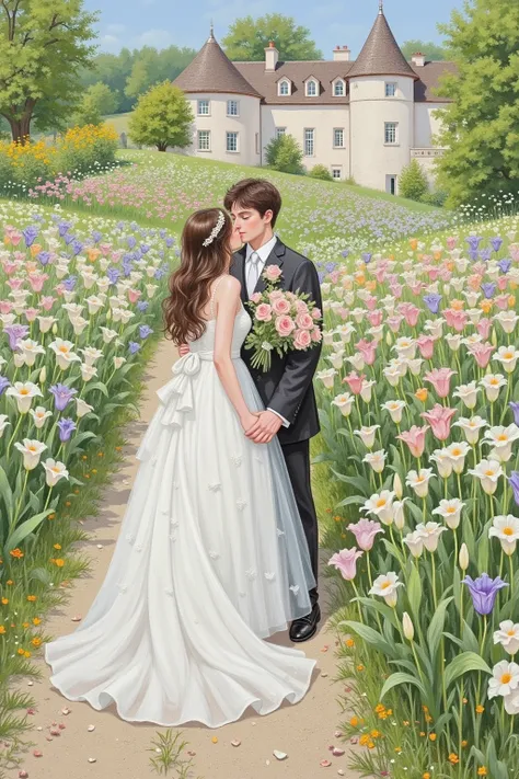 Scene of a couple getting married at an estate, surrounded by calla lilies of different colors, romantic atmosphere, distant view, wild poppies painted by Claude Monet near Argenteuil, light green and white tones, pastels, impressionistic mood, impressioni...