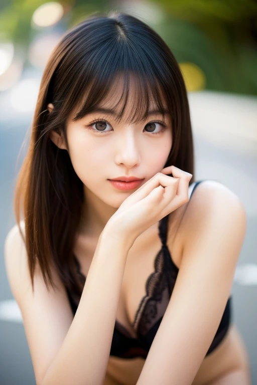 Cute Japanese people in their 20s　Zuo々Nozomi　 sexy lingerie　 looking at the camera　Put on one elbow and place it on your chin　 real 