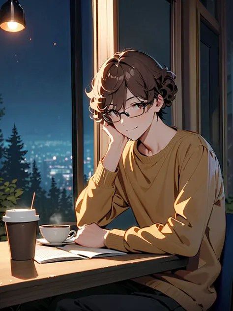   Ultra-fine, Masterpiece,  Awards,   top quality  ,1 person,   Handsome Boy , brown hair, 23 years old,Glasses,Introvert,night, coffee,books,  short hair, Curl perm,Forest outside the window,    kind smile,