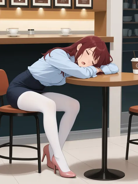 masterpiece, best quality, 1girl, {sleepy:3.0}, {white tights:4.0}, white legwear, open mouth, {eyes open:3.0}, pencil skirt, dress shirt, navy shirt, cafe, official art, dark red hair, long hair, leaning backwards, head tilt, legs bent inward, flat art st...