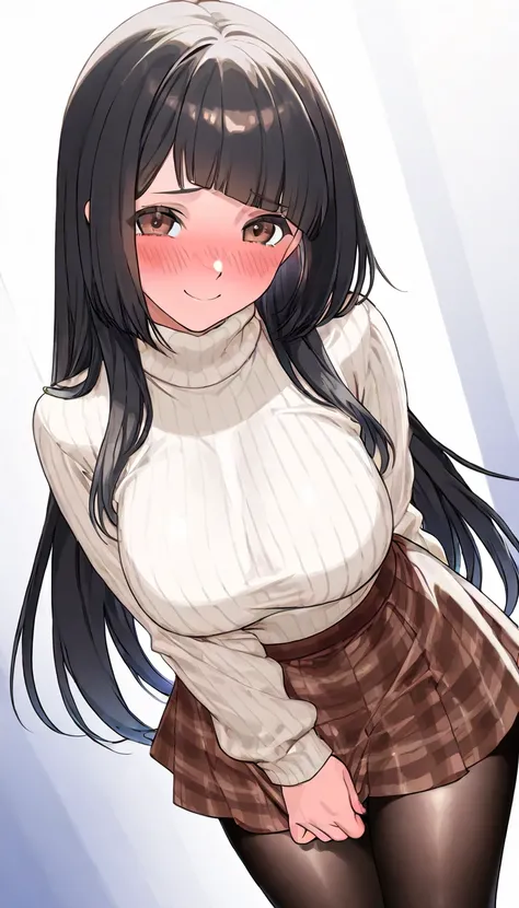 (Japanese anime from the 2000s)、((  1 female 、 age woman ))、(( white turtleneck sweater、 brown plaid skirt 、black tights stockings ))、 ( black hair、 bob hair、 cropped bangs 、 beautiful brown eyes)、 Masterpiece、  Hi-Res、  high quality 、32K、 (Embarrassed、 bl...