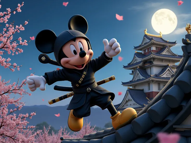 mickey mouse , wearing a ninja costume, is running on the roof of a japanese castle.