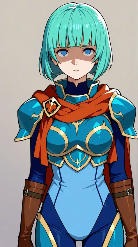 Ephraim (fire emblem),neutral, expressionless, standing, looking at viewer, (((blunt cut, bob, blunt bangs, bob cut))), wiry, gloves, choker,  blue bodysuit,cowboy shot,Shaded face, rolling eyes, no pupils, 1girl, solo, aqua hair, Lightblue eyes, 