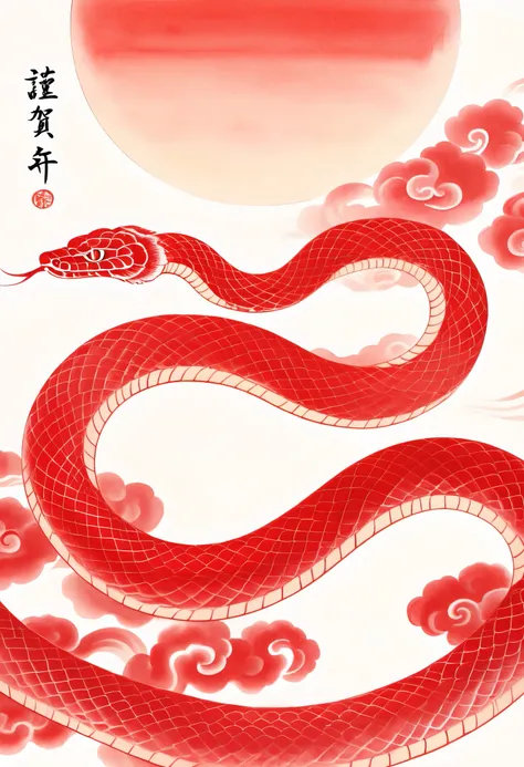 hongshe,red, traditional Chinese painting, ink painting, line, calligraphy, Chinese ink painting, line, white background, snake, a red snake, fiery red auspicious clouds, the shape of the snake is in line with the laws of nature, joyful in the Year of the ...