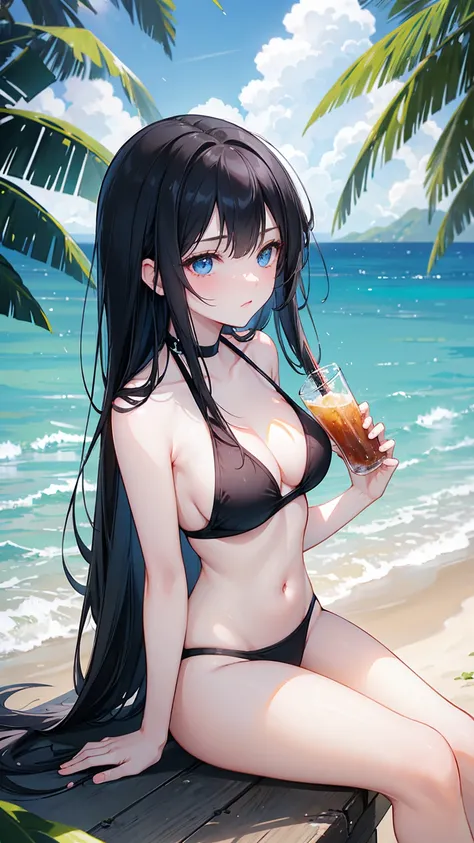  long black straight hair, swimsuit,  blue eyes， Holding a soda , Relaxation posture, sit, review, HEALTHY SKIN , Outdoor scenery, Blue sky, Bright natural lighting ,  and the sun shines in from the top left, Warm and soft atmosphere, Side Angle, Moderate ...