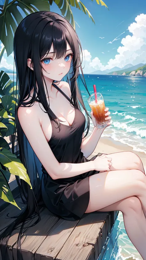  long black straight hair, swimsuit,  blue eyes， Holding a soda , Relaxation posture, sit, review, HEALTHY SKIN , Outdoor scenery, Blue sky, Bright natural lighting ,  and the sun shines in from the top left, Warm and soft atmosphere, Side Angle, Moderate ...