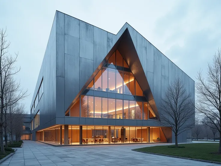  modern university buildings ，angular shapes， folding metal plate 、Glass、Innovative materials use ，Geometrical shapes with beautiful proportions， flowing internal space，Focus on technology integration ，Morphosis style 