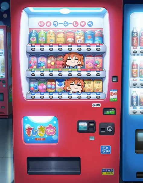 1girl, chibi, =_=, :3, gashapon, capsule, vending_machine, toy, shop, anime_screencap, bokeh, masterpiece, best quality, perfect anatomy, very aesthetic, amazing quality, high resolution, ultra-detailed, absurdres, newest, depth of field, anime_screenshot