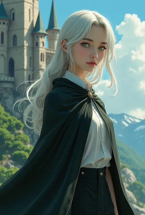 A woman in a white shirt and a black cape with white hair and emerald eyes stands near an anime-style castle 