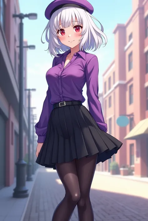 anime young adult female, white hair, red eyes, purple beret, purple long-sleeve shirt, black miniskirt, black pantyhose, purple loafers