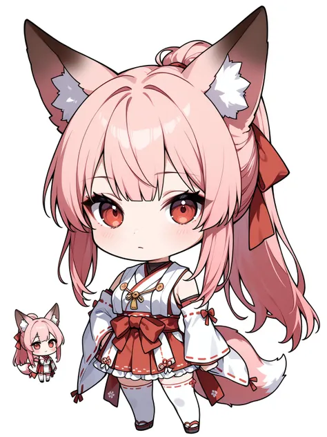 ((masterpiece, best quality)), 1girl, ((chibi, chibi only)), pink hair, long hair, ponytail, long sidelocks, red eyes, fox girl, fox ears, fluffy, (nontraditional miko, frills), white thighhighs, hair ribbon, looking at viewer, full body, no cropping, simp...