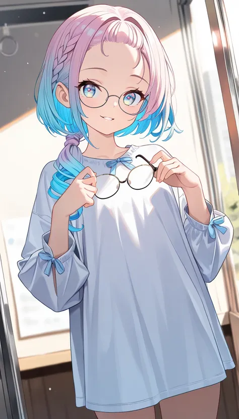 1girl,((glasses)),solo,(safe:1.2),tiny chest,(Adjusting her glasses:0.7),beautiful eyes,shiny eyes, Iridescent eyes,{Multicolored  hair,Iridescent hair},gradation hair , The color of the inner hair is a brighter shade of the outer hair color with added lig...