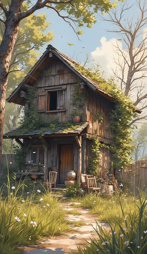 Create watercolour splash art style. A village atmosphere. A wooden village house that has been abandoned for a long time. So full of thick grass and beautiful flowers. With leaves creeping on the house. A bushy environment with grass and trees. Old wood, ...