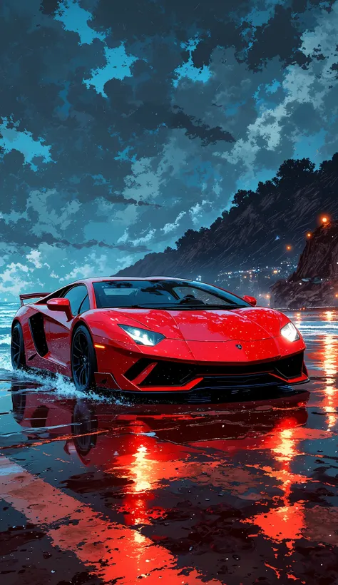 A stunning red Lamborghini speeding through a stormy coastal highway, with rain-soaked roads reflecting its bright red paint. The sky is filled with dark, ominous storm clouds, while massive ocean waves crash against the rocky shoreline in the background. ...