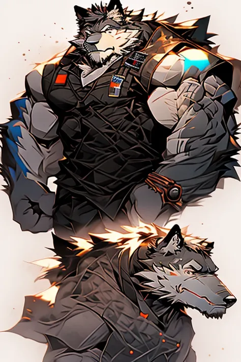 1man, Solo, A Dark gray Wolf, Wearing A Soldier Outfit, Holding A Gun, Looking At the viewer, Smiling, Blushes, White Background, Simple Background, Super muscular, 