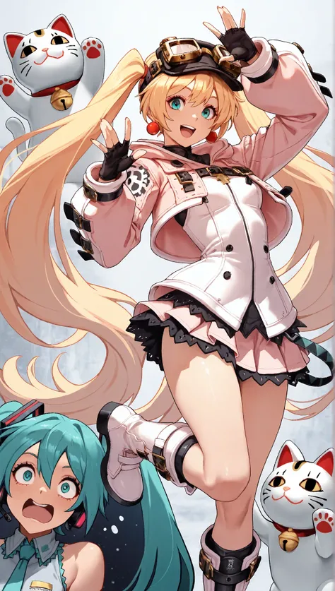  1 best girl ,  Hatsune Miku,  Guilty Gear , Winter Night Town  ,   Tide His Lip  ,  Enchanting Smiles,  Masterpiece,   top quality,    detailed biography ,   Complex Details,  miniskirt, pink futuristic clothes,  long boots ,chest, head big goggles,  Beau...