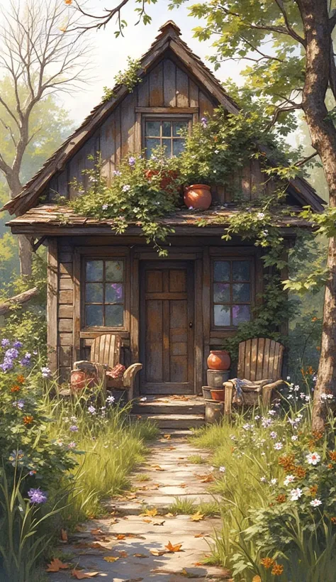 Create watercolour splash art style. A village atmosphere. A wooden village house that has been abandoned for a long time. So full of thick grass and beautiful flowers. With leaves creeping on the house. A bushy environment with grass and trees. Old wood, ...