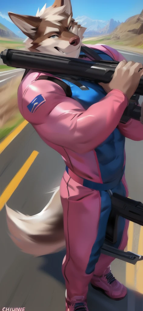  alone, male Tall​,huge​ body​, stand,Carrying a long gun as a weapon, road,pig wolf ice pink ,  pink military spacesuit,  heavy overload,  muscle bundle, smirking happy ,by chunie ​