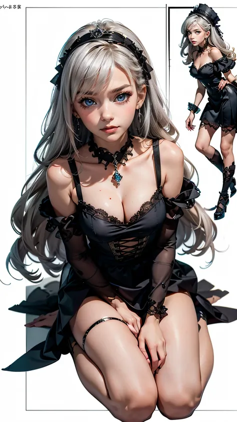  detailed face,  cute face , (( masterpiece)), ( highest quality))), (,  character design sheet , national costume, Same characters, Front , ~ Page, return), Figure, 1  girl,  whole body, silver hair, eyes hair,  beautiful eyes , princess cut, environmenta...