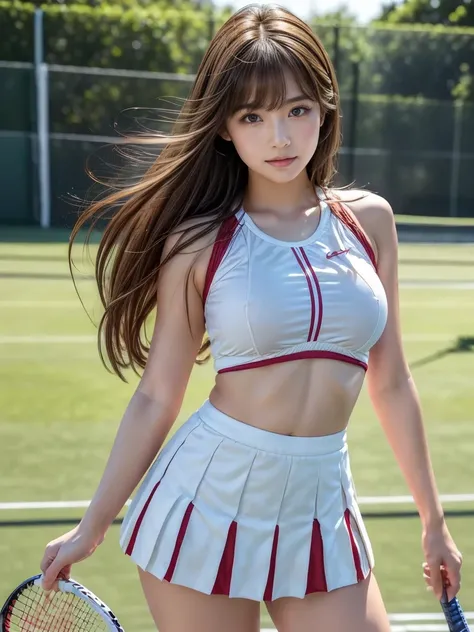 masterpiece,Product quality,Amazing High Definition , very detailed,Photo,cowboy shot, front view,( thighs emphasized:1.4), young and sexy Japanese woman ,20 years old, small smile ,(well-proportion:1.4) female college student, tennis circle , tennis court...