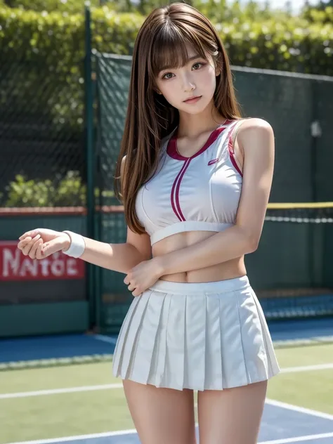 masterpiece,Product quality,Amazing High Definition , very detailed,Photo,cowboy shot, front view,( thighs emphasized:1.4), young and sexy Japanese woman ,20 years old, small smile ,(well-proportion:1.4) female college student, tennis circle , tennis court...