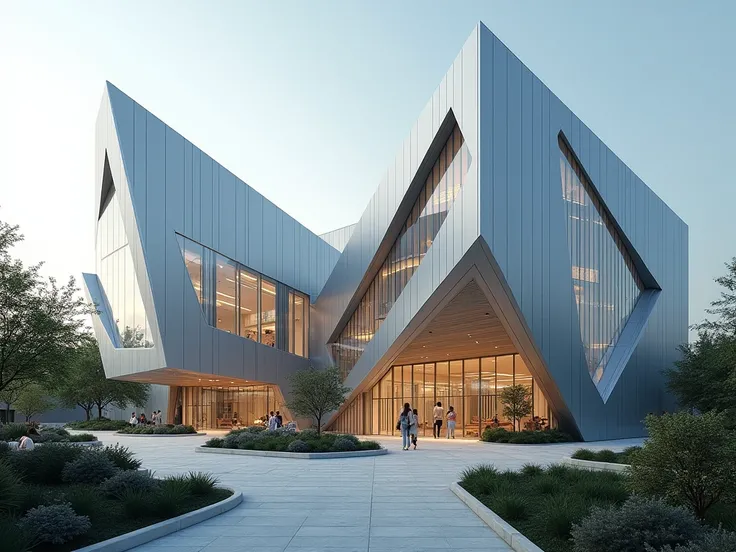  modern university buildings ，angular shapes， folding metal plate 、Glass、Innovative materials use ，Futuristic design，Inspired by the Morphosis style