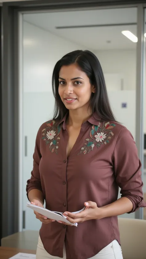 Full length shot. 1 female, petite. In a office conference room. South Indian female, forty five years old. brunette. Silk shirt with a g thong. Hourglass figure. Slim girl. South indian face. Indian embroidery, serious face, giving a presentation at the m...