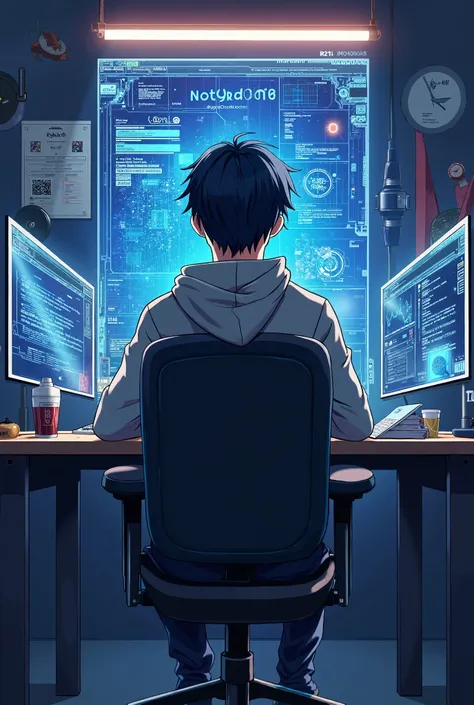 A male anime sit in the chair his front tables and sunglasses and hoodie background cover with S Tech poster and pc facing front 