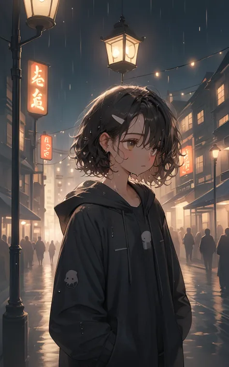 Lonely Night Rain
prompts: A melancholic girl standing alone under a dimly lit streetlamp, her long, damp hair sticking to her face as rain drizzles down. Her empty gaze is lost in the distance, reflecting the city lights on the wet pavement. She wears an ...