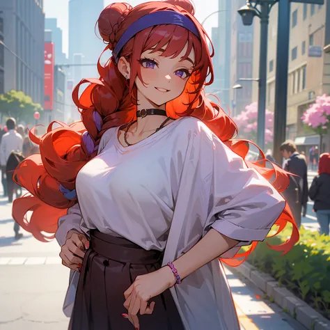 1female, adult, sexy, finely detailed light purple eyes, (curly long hair), bangs, red hair, braided bun, casual clothing, choker necklace, happy expression, (perfect generation), standing on street, detailed background, flowers, nail polish, headband