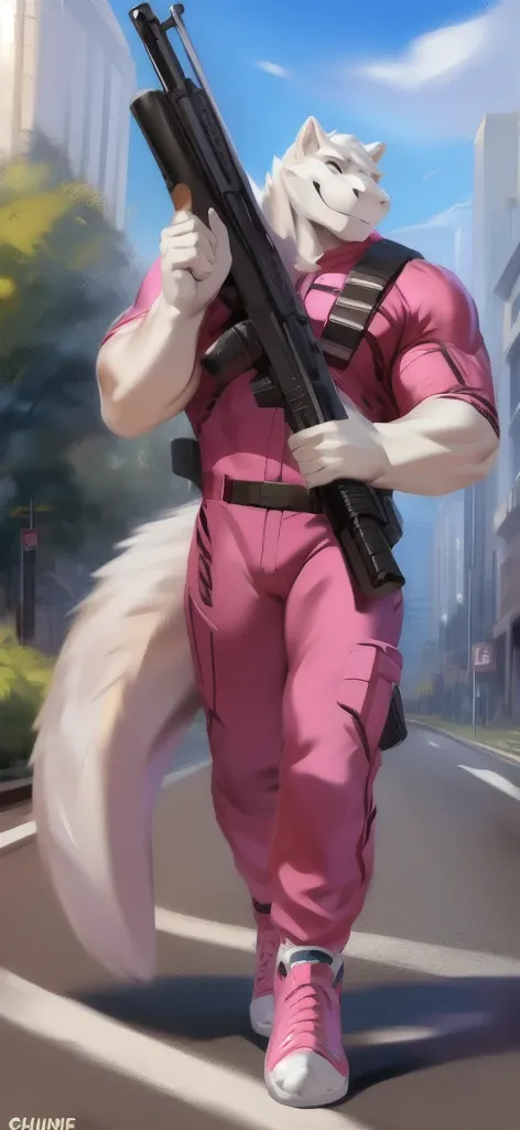  alone, male Tall​,huge​ body​, stand,Carrying a long gun as a weapon, road,polar crocodile ice pink ,  pink military spacesuit,  heavy overload,  muscle bundle, smirking happy ,by chunie ​