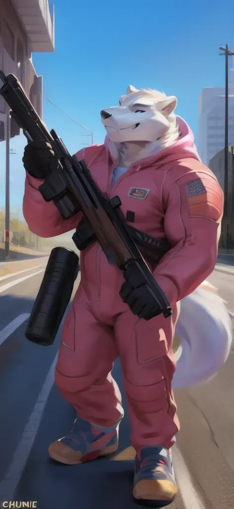  alone, male Tall​,huge​ body​, stand,Carrying a long gun as a weapon, road,polar crocodile ice pink ,  pink military spacesuit,  heavy overload,  muscle bundle, smirking happy ,by chunie ​