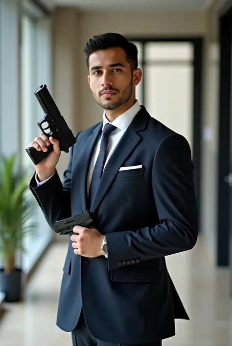 18 years old Pakistani boy wearing three pease with guns and gards  posing for linkedin in office in attitude 