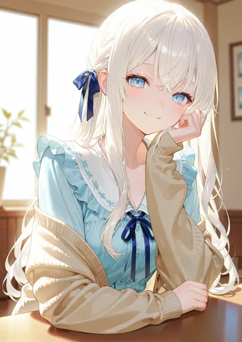 One person、 wave hair、 frill、ribbon、 smile、 watching here、 Masterpiece、 top quality、 blurry background indoors、 depth of field、 natural light、 Soft Lighting 、 detail hair、 white hair、Blue Eyes、 long hair、 blouse、 Cardigan