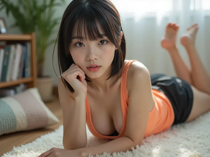  portrait photo , Masterpiece, nsfw,8k,focus on lip,side shot,shooting from below,( sensual on all fours pose on floor, immature body,  flat chest, Wide pelvis,  small ass,  toned thick legs ),( 13yoJapanese girl , 148 Height cm , pale skin), black hair, s...