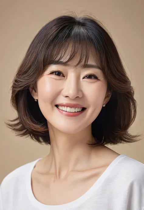  top quality,  A very exquisite masterpiece  ,  realistic style , Beautiful middle-aged Japanese woman、white t-shirt 、 semi-long hair、smile, 50th Generation、 nasolabial fold、 detailed face、 detailed skin、bangs,  Hair, 目の間のbangs,  medium hair, 