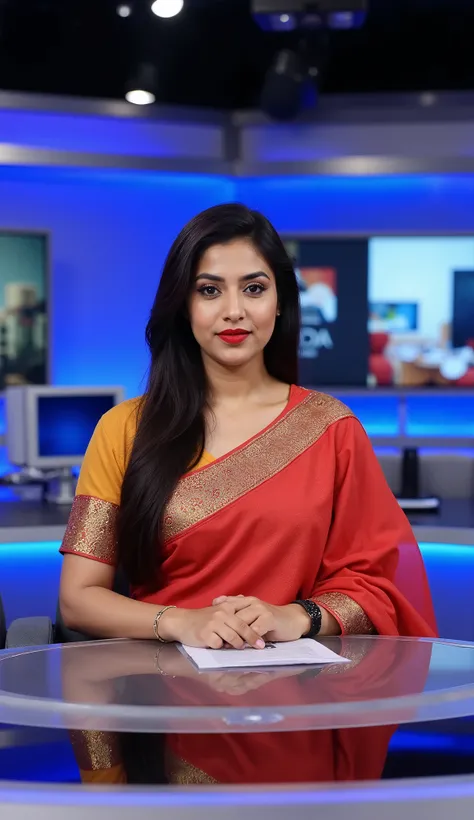 A professional Indian news anchor woman on a modern news set. She is wearing traditional Indian attire, colourful saree, with a microphone in hand. The news studio is well-lit and contains a large news desk and multiple screens displaying various news grap...