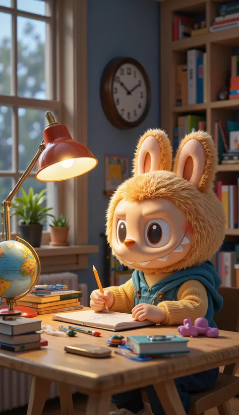 Labubu sits at a bright study table, writing letters in a notebook. A glowing desk lamp highlights the ’s determined expression. The table is filled with colorful books, pencils, and a small globe. The background features a bookshelf and a wall clock showi...