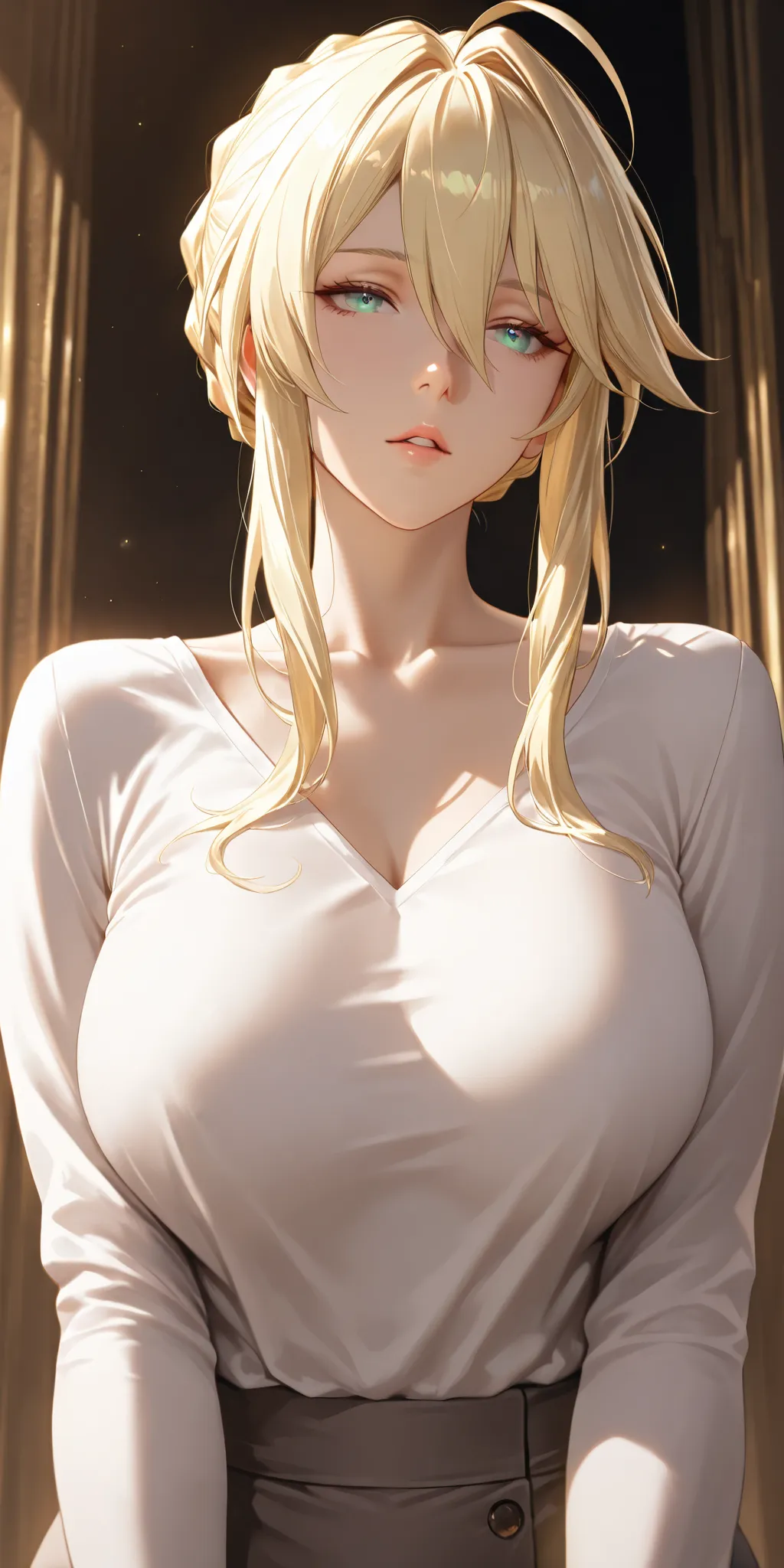 Masterpiece, very aesthetic, vibrant, high contrast, elegant mature woman, artoria pendragon (lancer) (fate), upper body, curvaceous, long sleeve shirt, collarbone, parted lips, soft light, best quality, semrealistic, honkai: star rail cg style