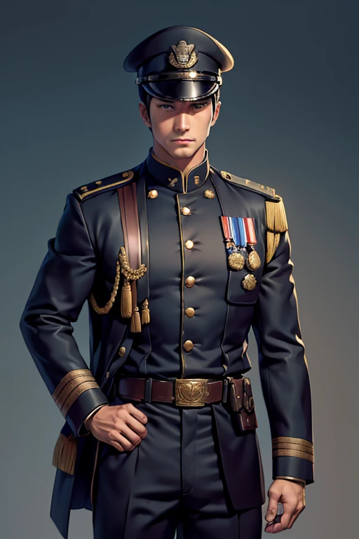 minister，uniform，military uniform，Brigade Captain，笔挺military uniform、Epaulettes（标明具体如 “上将军衔Epaulettes” 等）、Golden buttons、Standard tie、Armed belt、Shiny leather boots、Military cap（Such as "wide-brimmed hat"）、badge（如 “荣誉勋章”“部队badge” ）