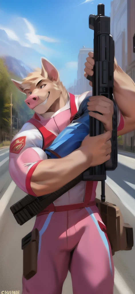  alone, male Tall​,huge​ body​, stand,Carrying a long gun as a weapon, road, pig mammoth ice pink ,  pink military spacesuit,  heavy overload,  muscle bundle, smirking happy ,by chunie ​