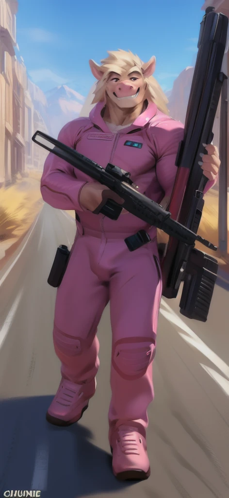  alone, male Tall​,huge​ body​, stand,Carrying a long gun as a weapon, road, pig mammoth ice pink ,  pink military spacesuit,  heavy overload,  muscle bundle, smirking happy ,by chunie ​