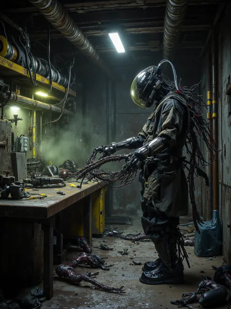 A laboratory built beneath a derelict nuclear power plant, its walls covered in rust and cracks, with flickering emergency lights. Experiment tables are cluttered with rusty tools and broken electronics, while cultivation pods hold the remains of mutated c...