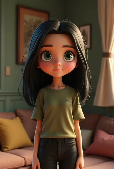 cartoon character a (A (severus snape's daughter:(european girl,black hair, green eyes))), standing in a room with sofas and mattresses, foto  Professional fina, advertising photo, In the background, Foto  Professional detalhada, Premium quality,  Professi...