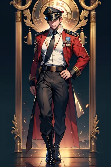 minister，uniform，military uniform，Brigade Captain，笔挺military uniform、Epaulettes（ “上将军衔Epaulettes” ）、Golden buttons、Standard tie、Armed belt、Shiny leather boots、Military cap（Such as "wide-brimmed hat"）、badge（如 “荣誉勋章”“部队badge” ） red embellishments 