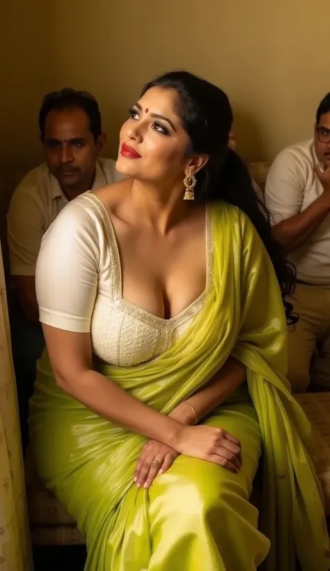 Full body image, extreme top view Full body image, indian hourglass body, Indian plus sized 25 year old Telugu bride anasuya, lovely face, mouth wide open, large swooping breasts, partially closed eyes, face lifted towards back, wearing highly embroideried...