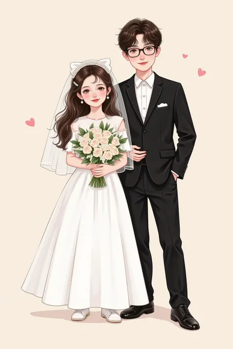 bride in white end-face wedding dress, groom taller and bride shorter, smiling with head tilted at camera, groom in black suit with glasses, bride wearing pearl stud earrings, both looking straight ahead and smiling, frontal view of bride and groom, solid ...