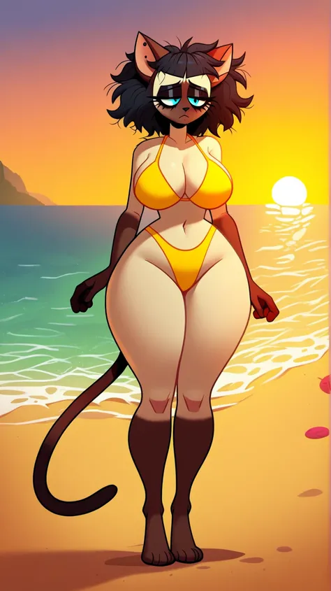  tired expression,  1girl,  anthro,  Siamese cat ,  cat girl,   blue eyes, brown disheveled hair,  full height, (19 years old), ( big breasts: 1.2), ( thick thighs: 1.2), One, (beach), Sunset,  half-closed eyes ,  in detail, trad goth, trad goth make-up, g...